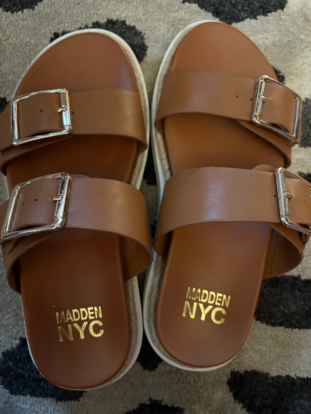 Madden NYC Women's Tan Double-Buckle Slide Sandals